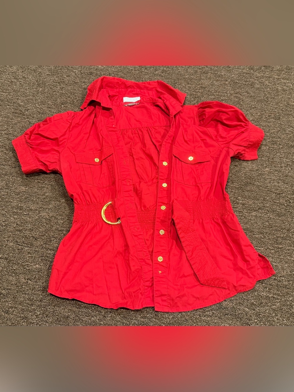 Red Short-Sleeve Button Front Shirt SS top M Junior ladies EUC
